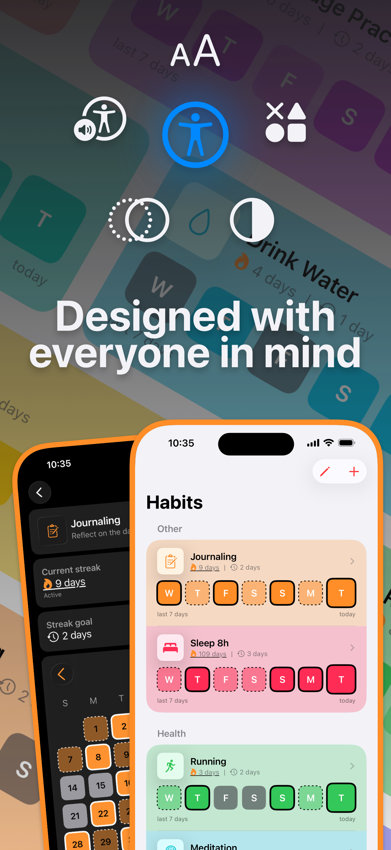 Accessibility icons and screenshots picturing accessibility features