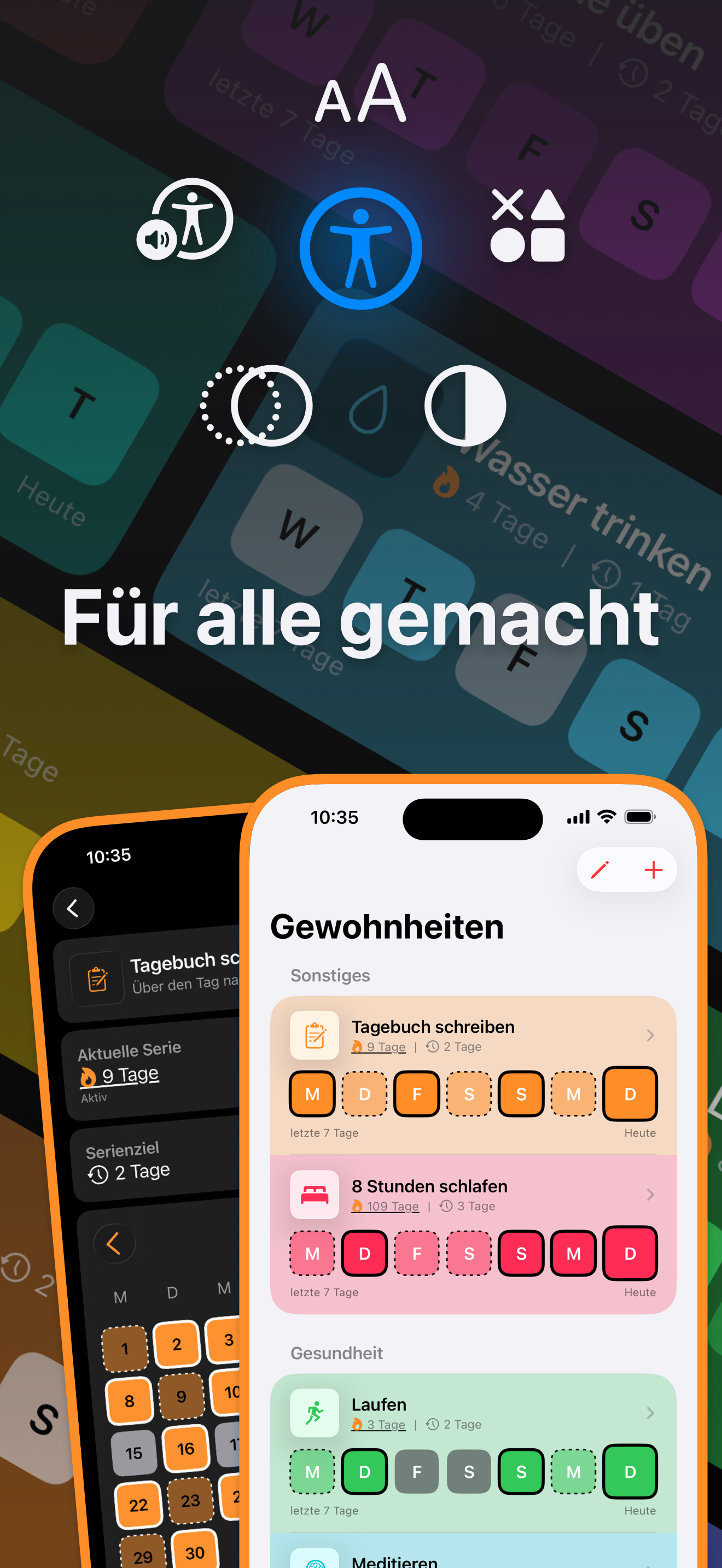 Bedienungshilfen-Icons und Screenshots zu den Barrierefreiheit-Funktionen