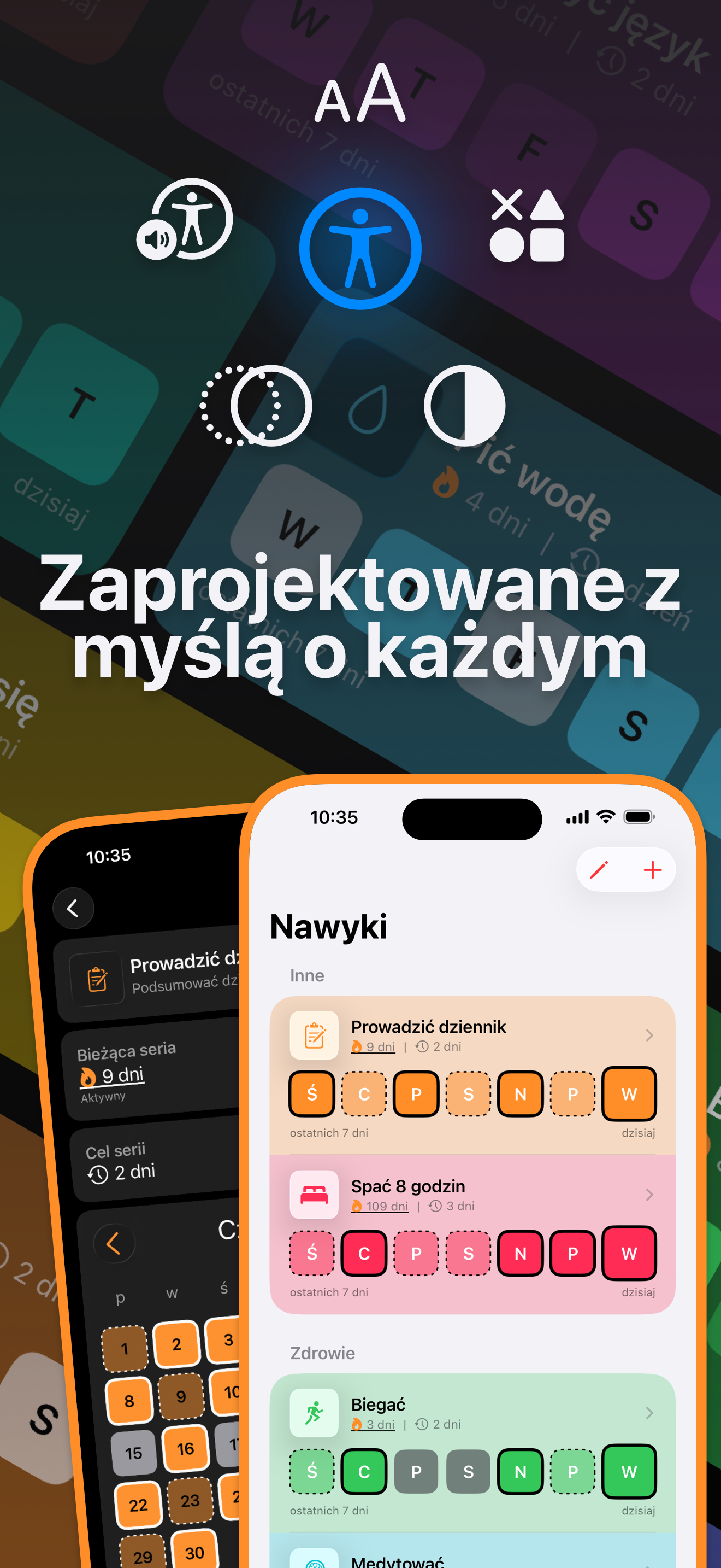 Ikony dostępności i zrzuty ekranu przedstawiające funkcje ułatwień dostępu