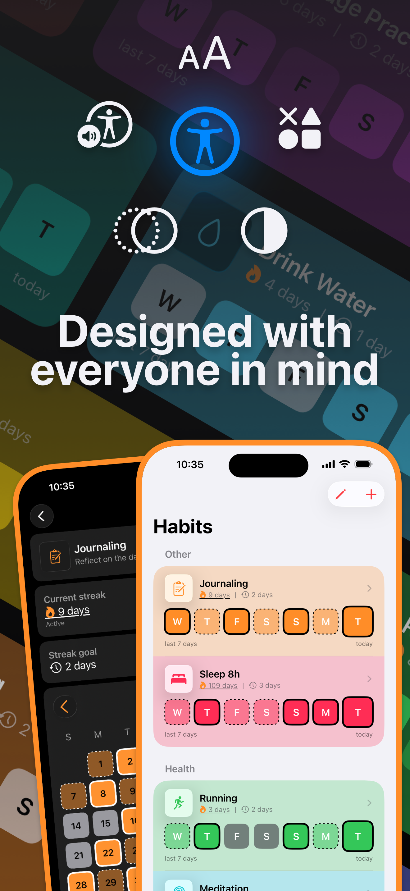 Accessibility icons and screenshots picturing accessibility features