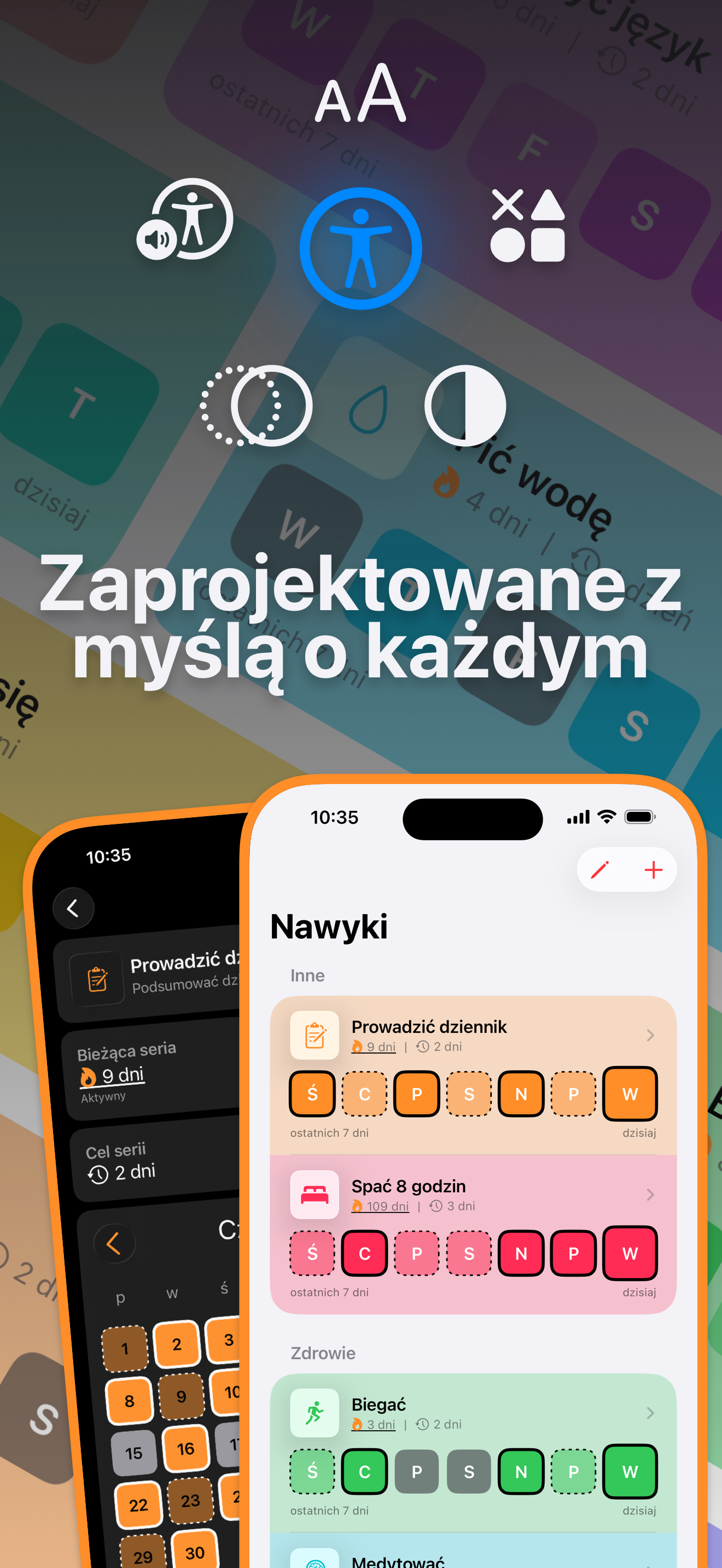 Ikony dostępności i zrzuty ekranu przedstawiające funkcje ułatwień dostępu