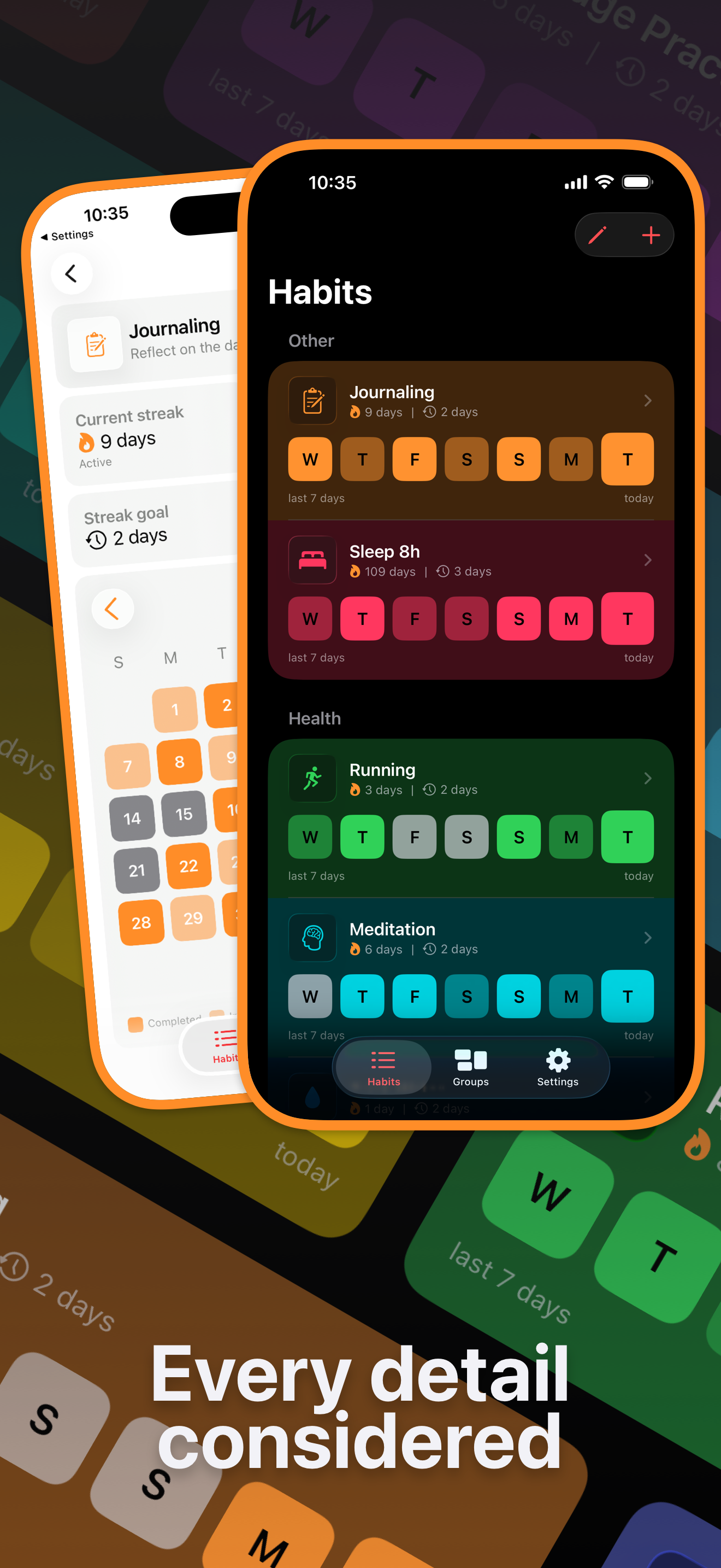 Screenshots in dark and light mode showing main app view and habit details view