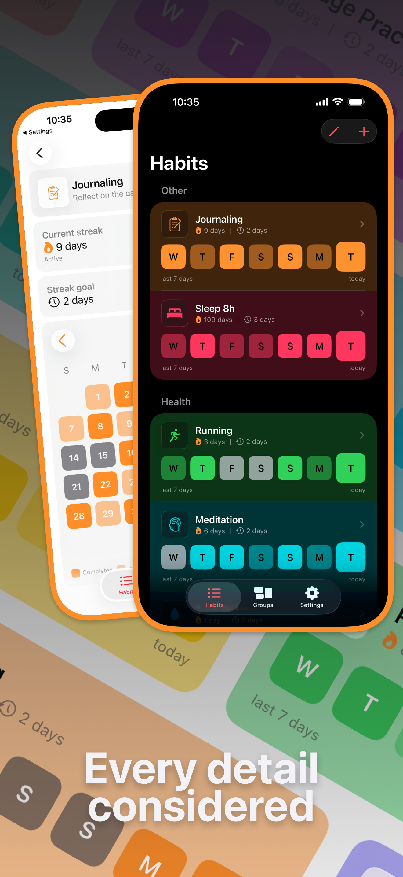 Screenshots in dark and light mode showing main app view and habit details view